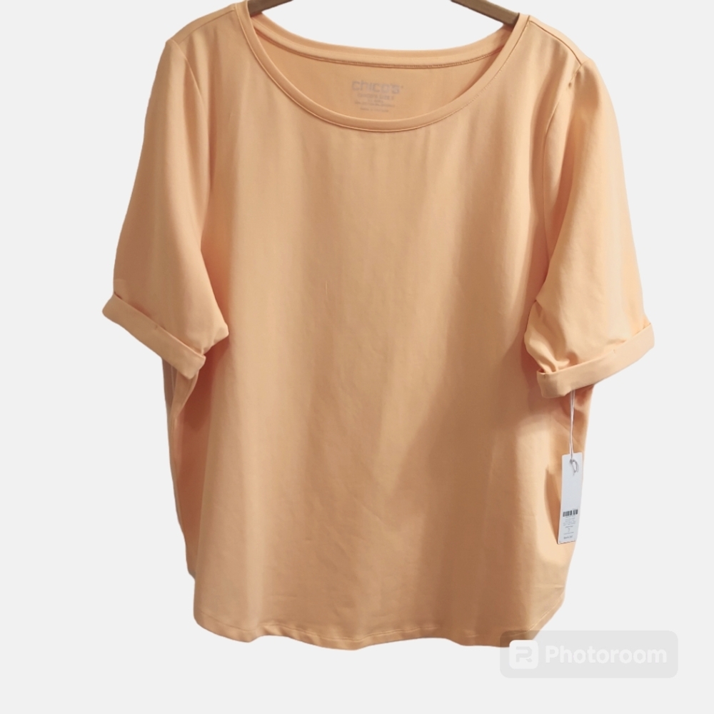 Chico's Cotton Span Perfect Tee Top SS Basic Knit Soft Tangerine Size 12 NWT